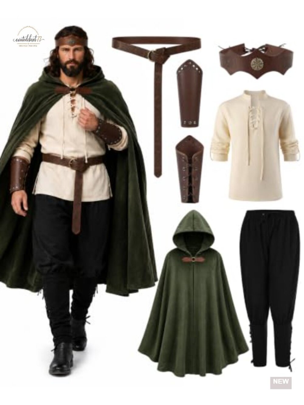 Men's Renaissance Costume Set 7 Piece Medieval Hooded Cloak LARP